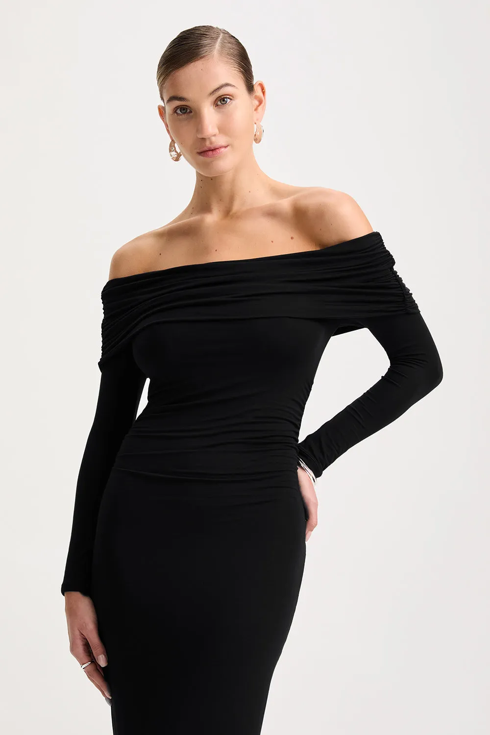365 RUCHED SIDE BARDOT MAXI DRESS - SHADOW BLACK