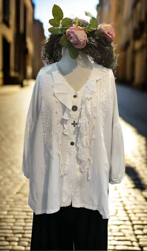 #5458 White lace frill blouse with button front