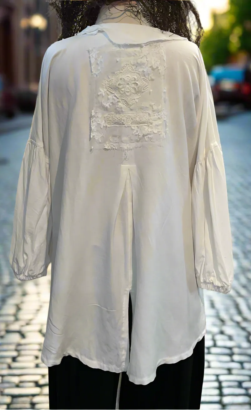 #5458 White lace frill blouse with button front