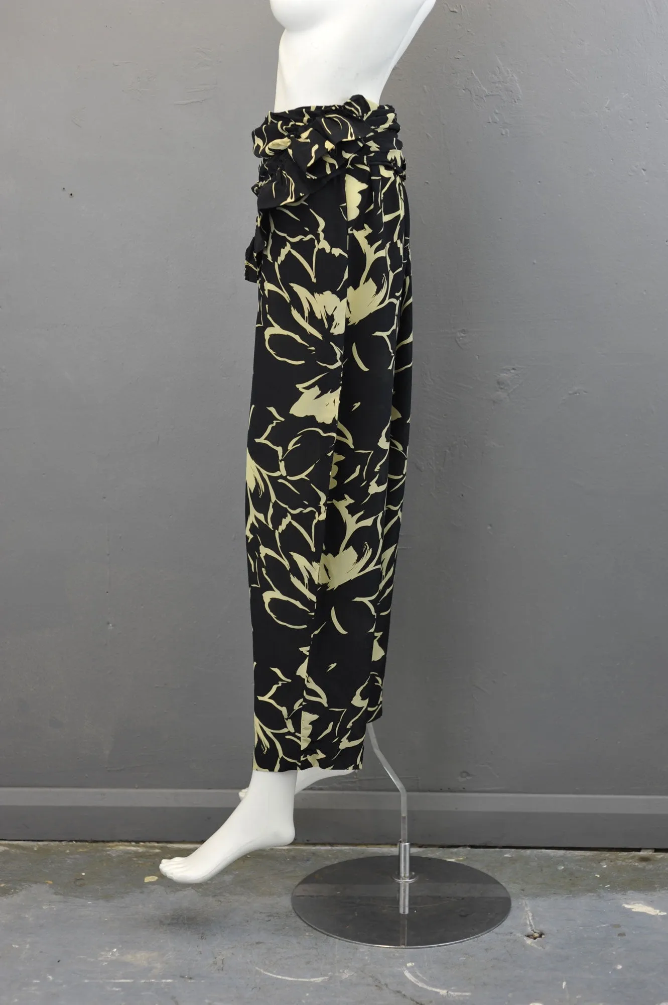 80s Tropical Summer Trousers with Sash Swag, High Waist Loose Fit, Big Flower Print, Size Small