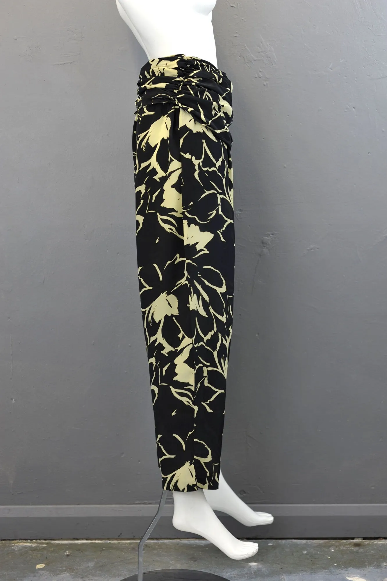 80s Tropical Summer Trousers with Sash Swag, High Waist Loose Fit, Big Flower Print, Size Small