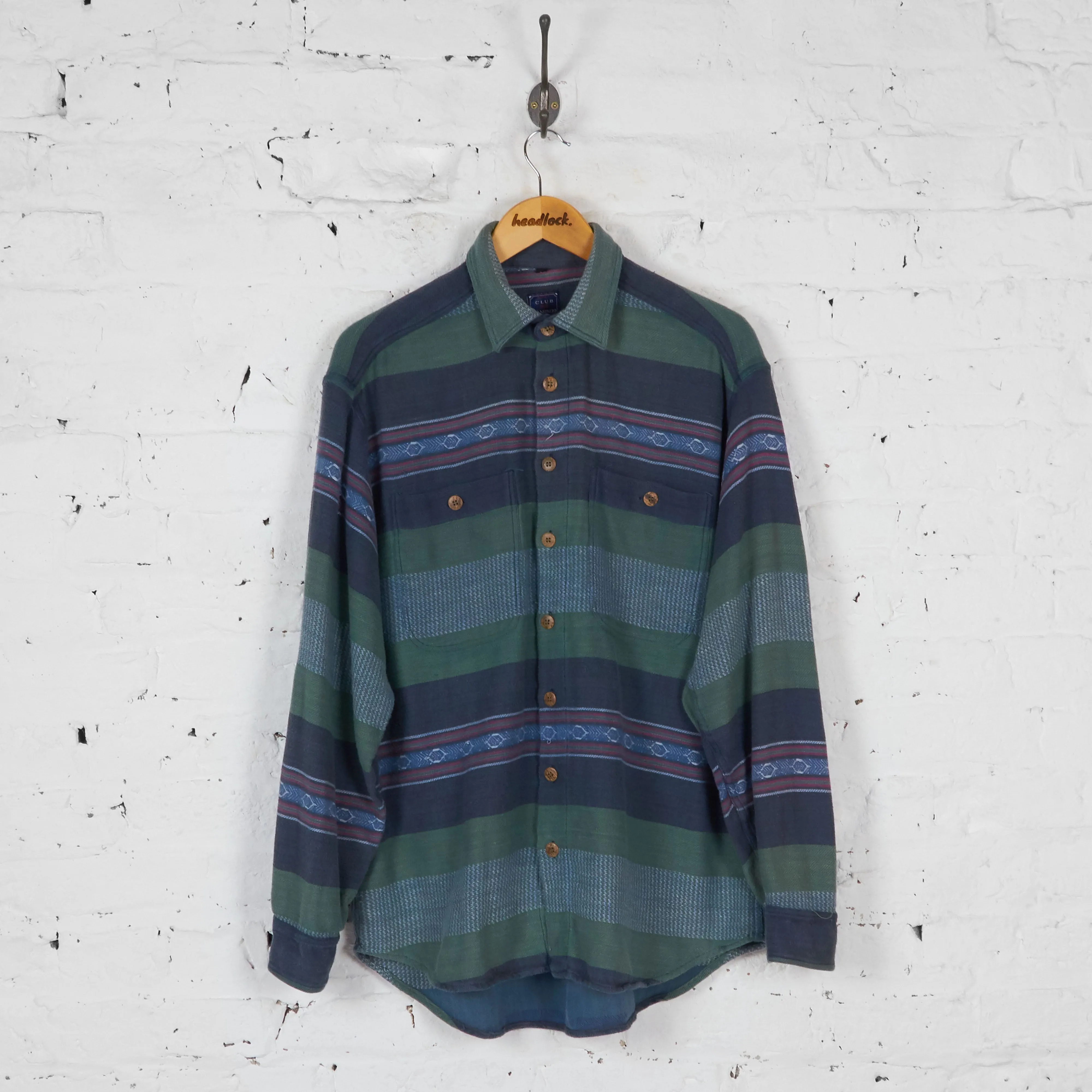 90s Striped Aztec Flannel Shirt - Blue/Green - L