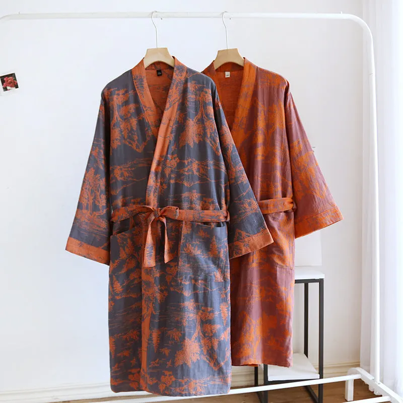 A double jacquard pajama robe for women, made of soft cotton and adorned with lace, designed for relaxed comfort