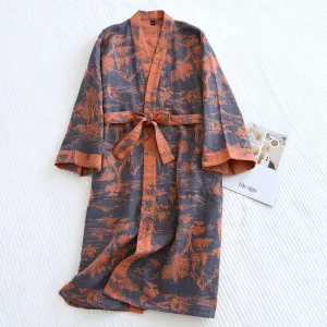 A double jacquard pajama robe for women, made of soft cotton and adorned with lace, designed for relaxed comfort
