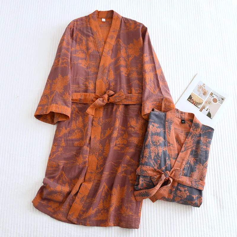 A double jacquard pajama robe for women, made of soft cotton and adorned with lace, designed for relaxed comfort