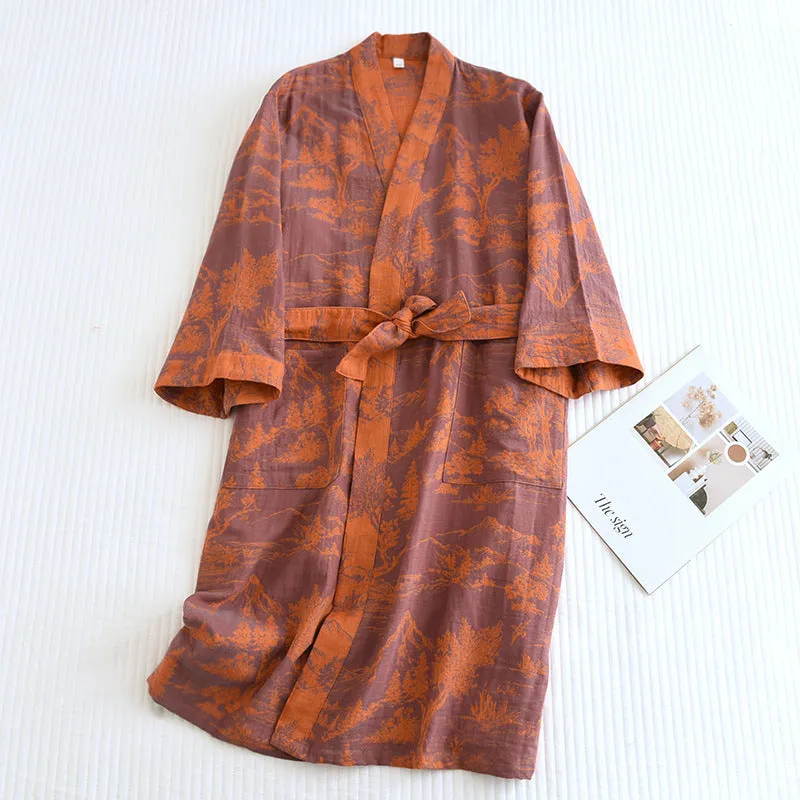 A double jacquard pajama robe for women, made of soft cotton and adorned with lace, designed for relaxed comfort