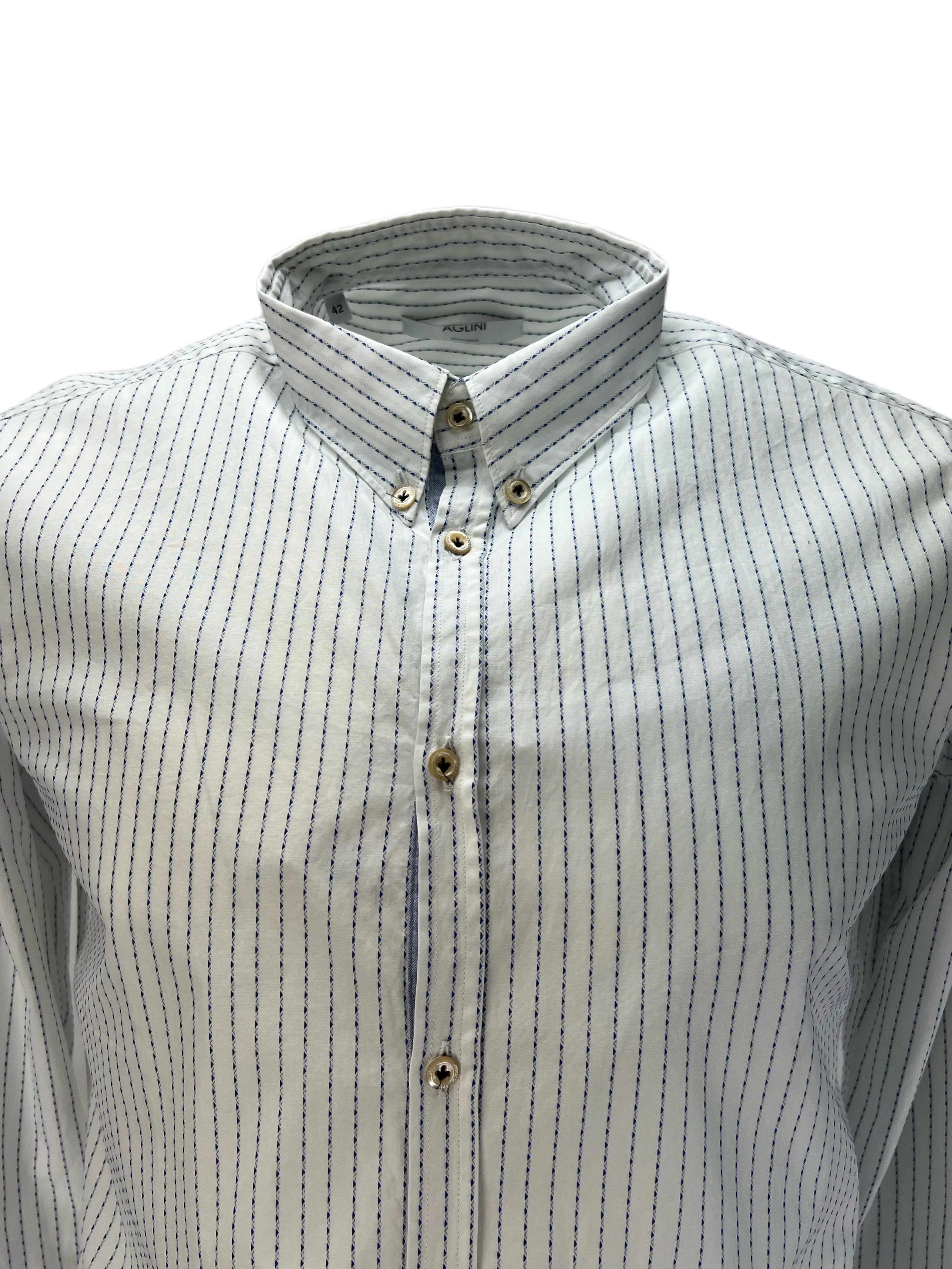 AGLINI Francescom Men's White Blue Striped Long Sleeve Dress Shirt Sz 42 NWT