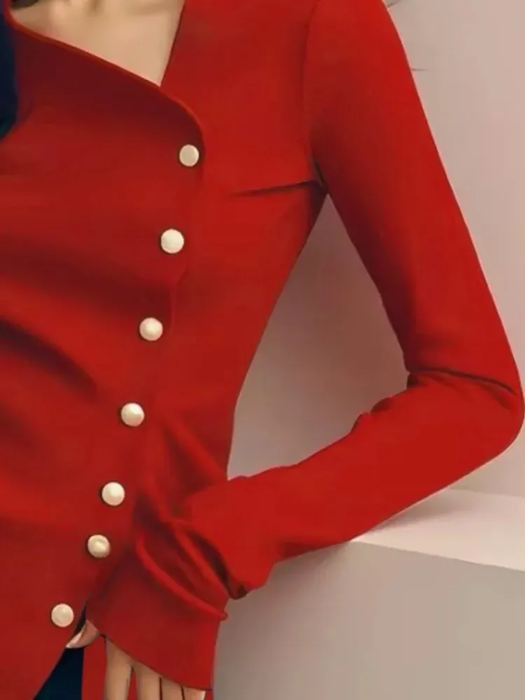 Asymmetric Buttoned V-Neck Top