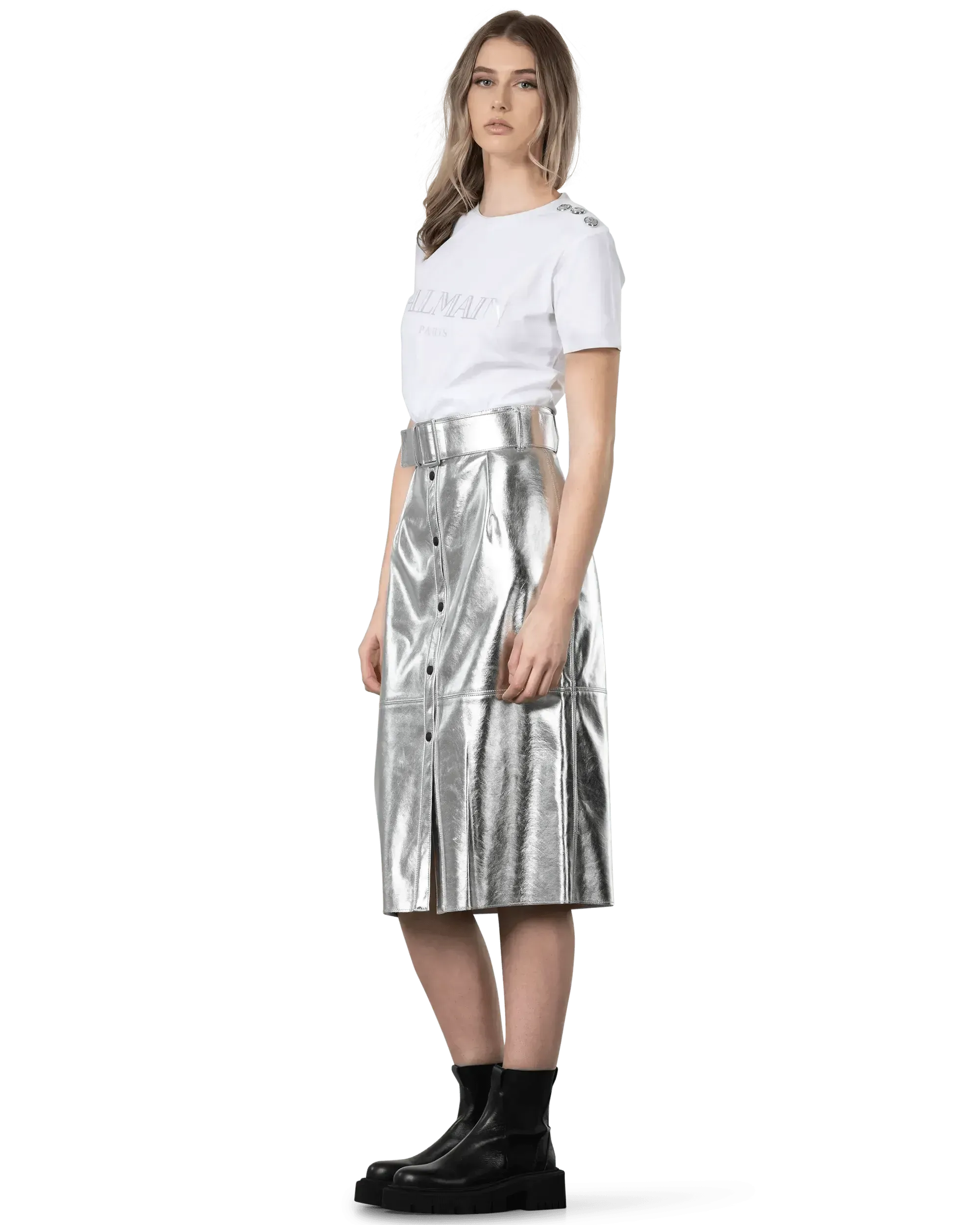 Belted Button Up Knee-Length Skirt