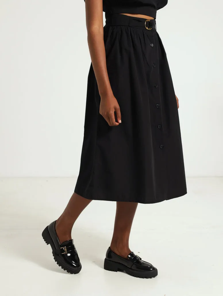 Belted Poplin Midi Skirt - Black