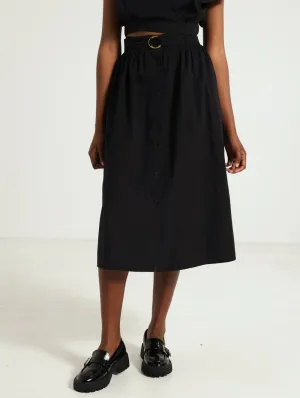 Belted Poplin Midi Skirt - Black