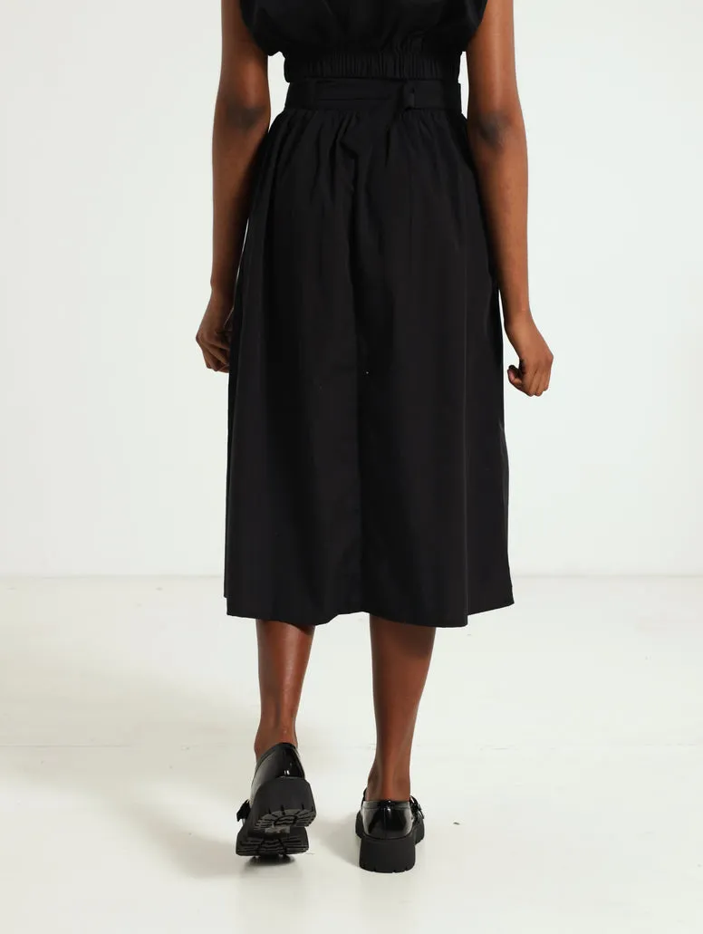 Belted Poplin Midi Skirt - Black