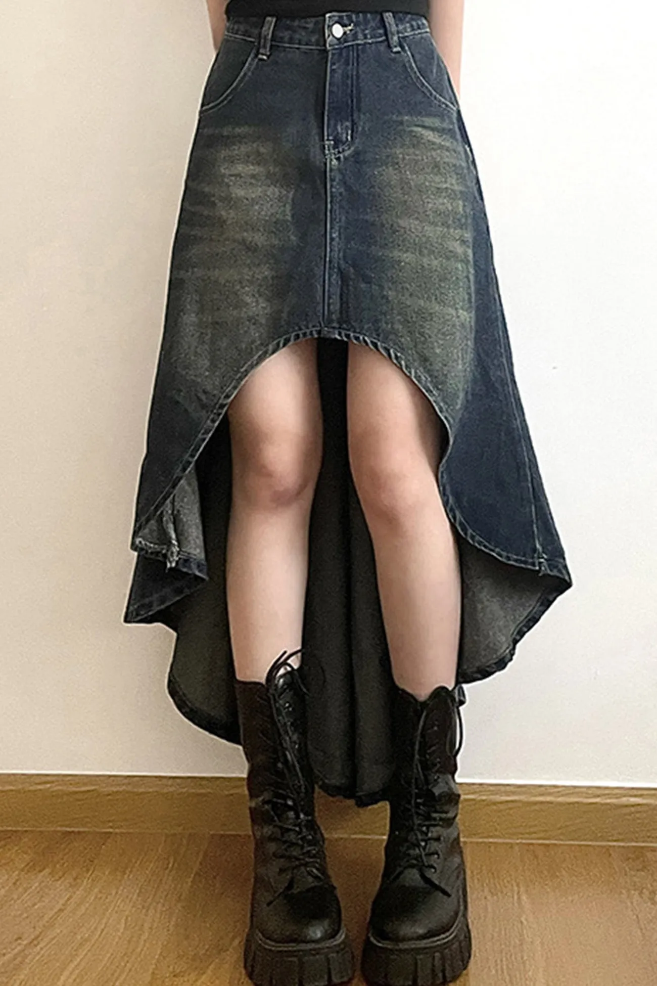 BerryBetty - Wash High Rise Distressed Irregular Denim Skirt