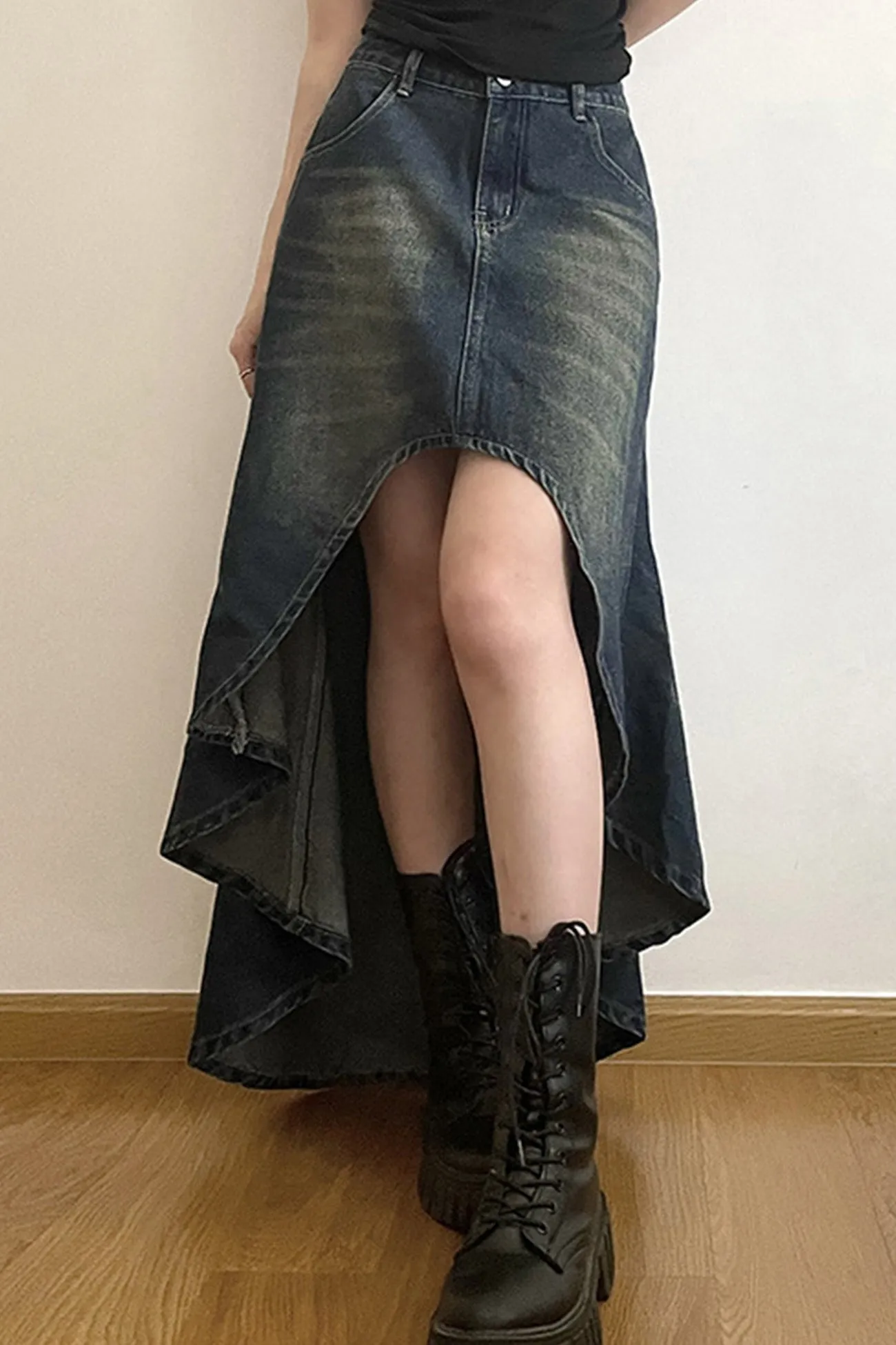 BerryBetty - Wash High Rise Distressed Irregular Denim Skirt