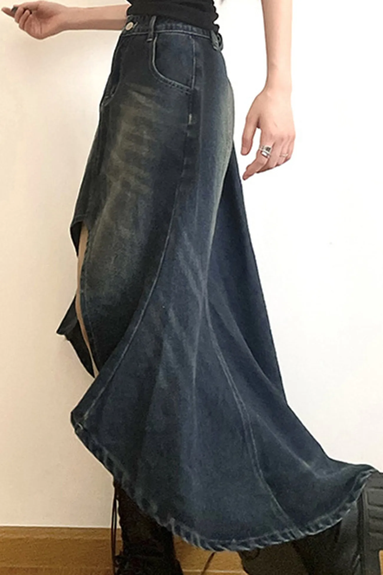 BerryBetty - Wash High Rise Distressed Irregular Denim Skirt