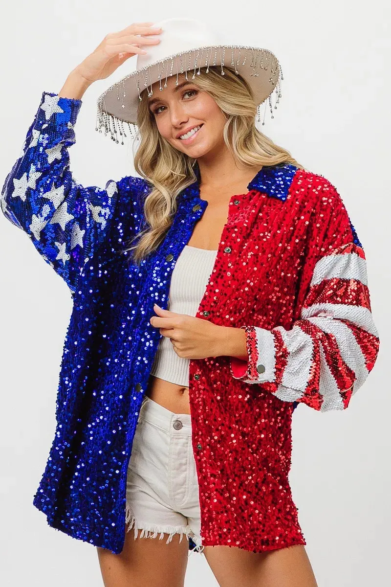 BiBi American Flag Sequin Snap Down Shirt