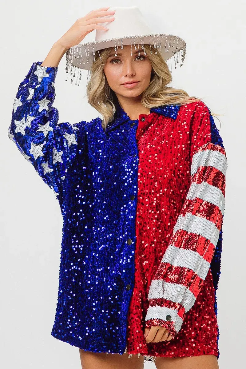 BiBi American Flag Sequin Snap Down Shirt