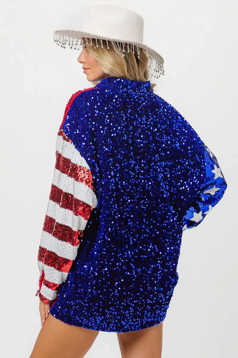 BiBi American Flag Sequin Snap Down Shirt