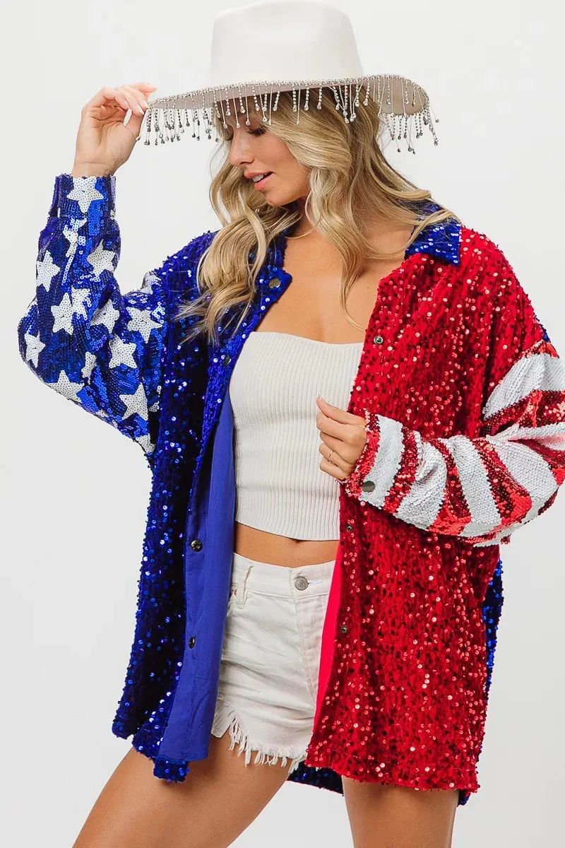 BiBi American Flag Sequin Snap Down Shirt