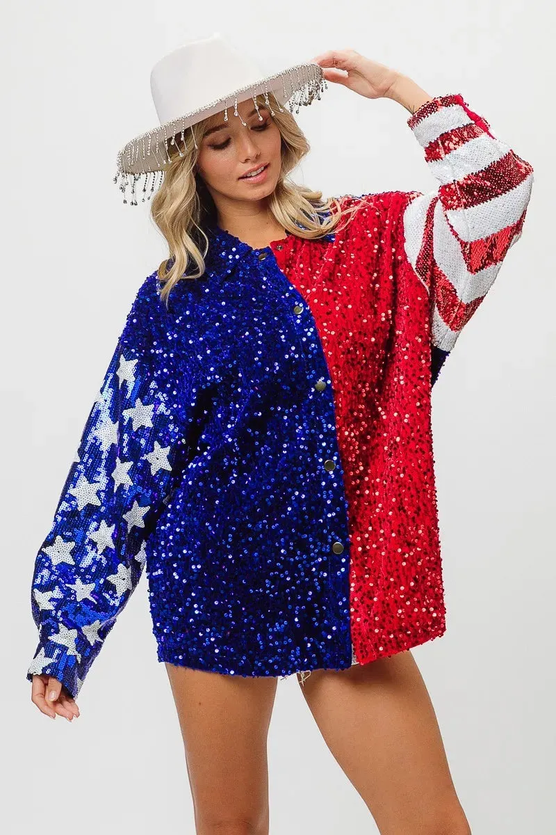 BiBi American Flag Sequin Snap Down Shirt
