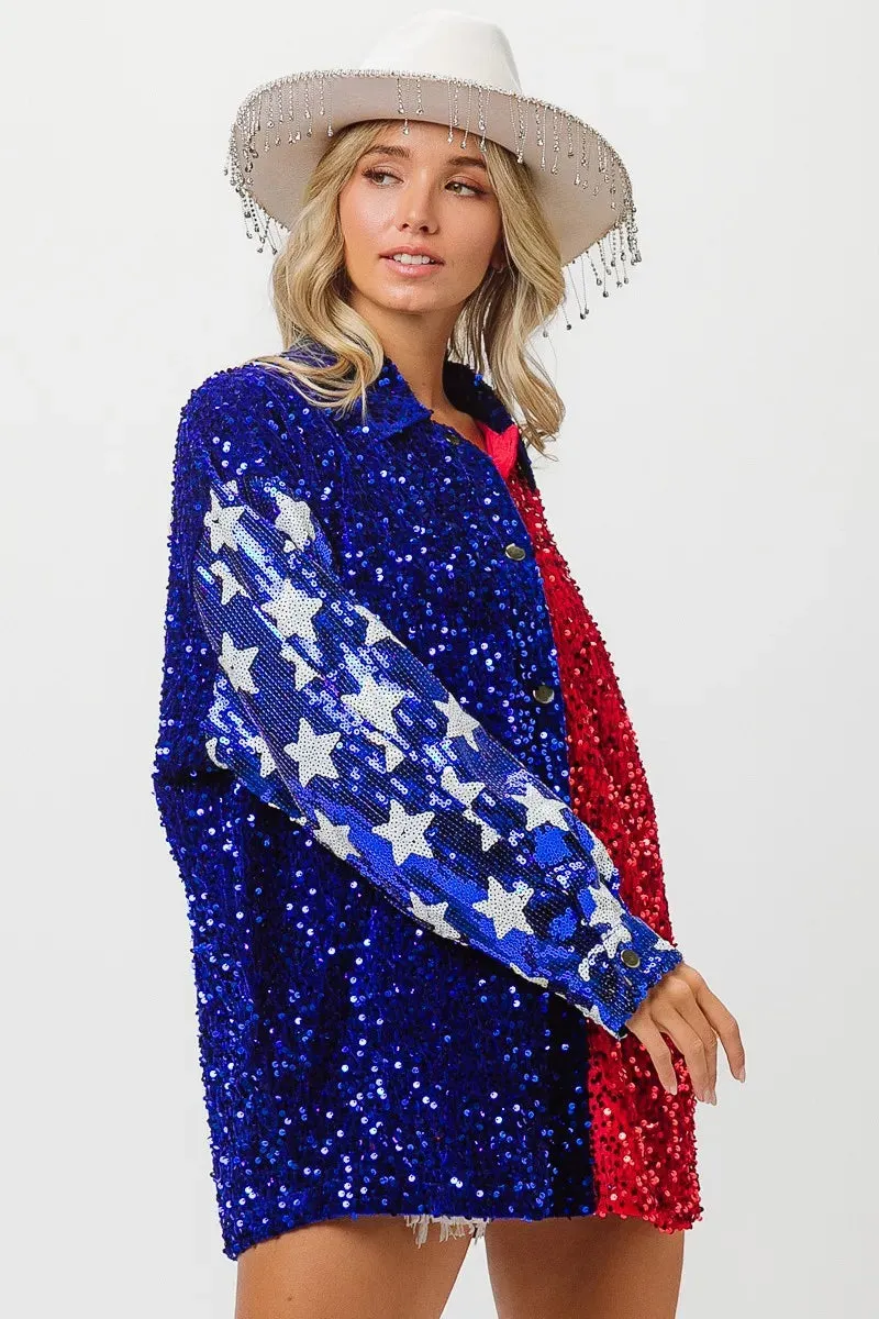 BiBi American Flag Sequin Snap Down Shirt