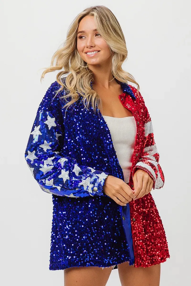 BiBi American Flag Sequin Snap Down Shirt