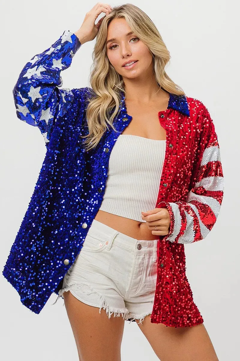 BiBi American Flag Sequin Snap Down Shirt