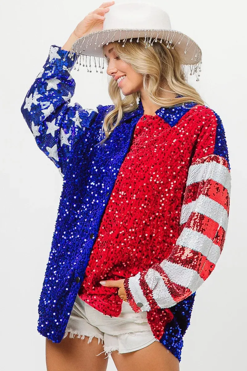 BiBi American Flag Sequin Snap Down Shirt