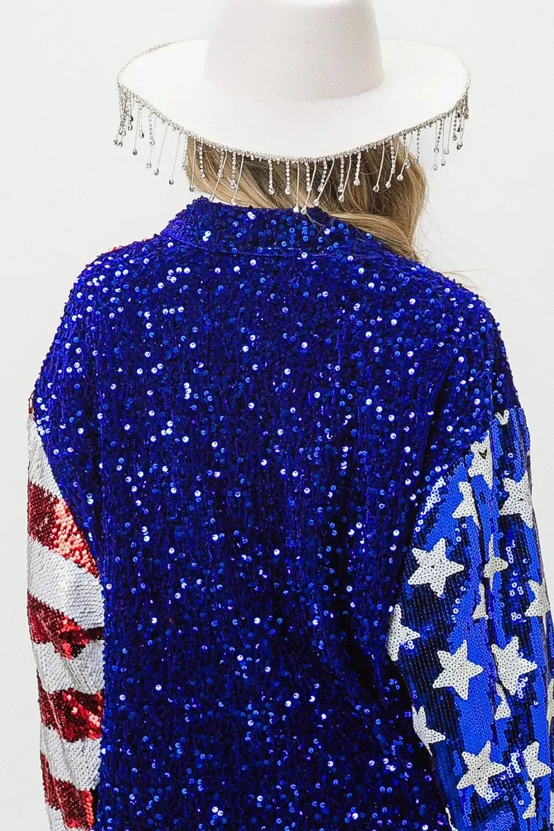 BiBi American Flag Sequin Snap Down Shirt