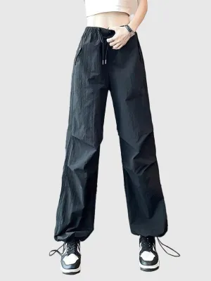 Black Elastic Cargo Pants With Drawstring