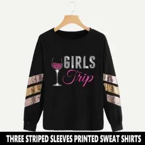 BLACK THREE STRIPED SLEEVES PRINTED SWEAT SHIRTS ( TRIP PRINT )