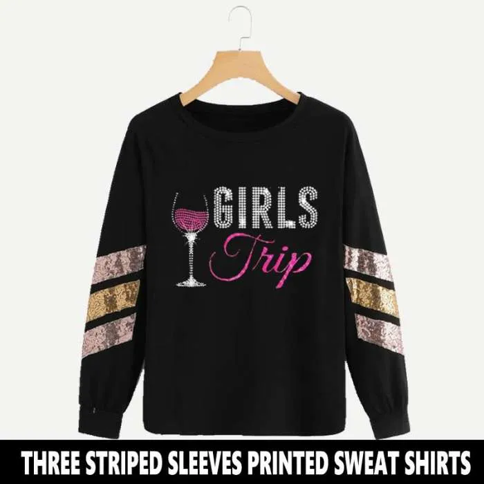 BLACK THREE STRIPED SLEEVES PRINTED SWEAT SHIRTS ( TRIP PRINT )