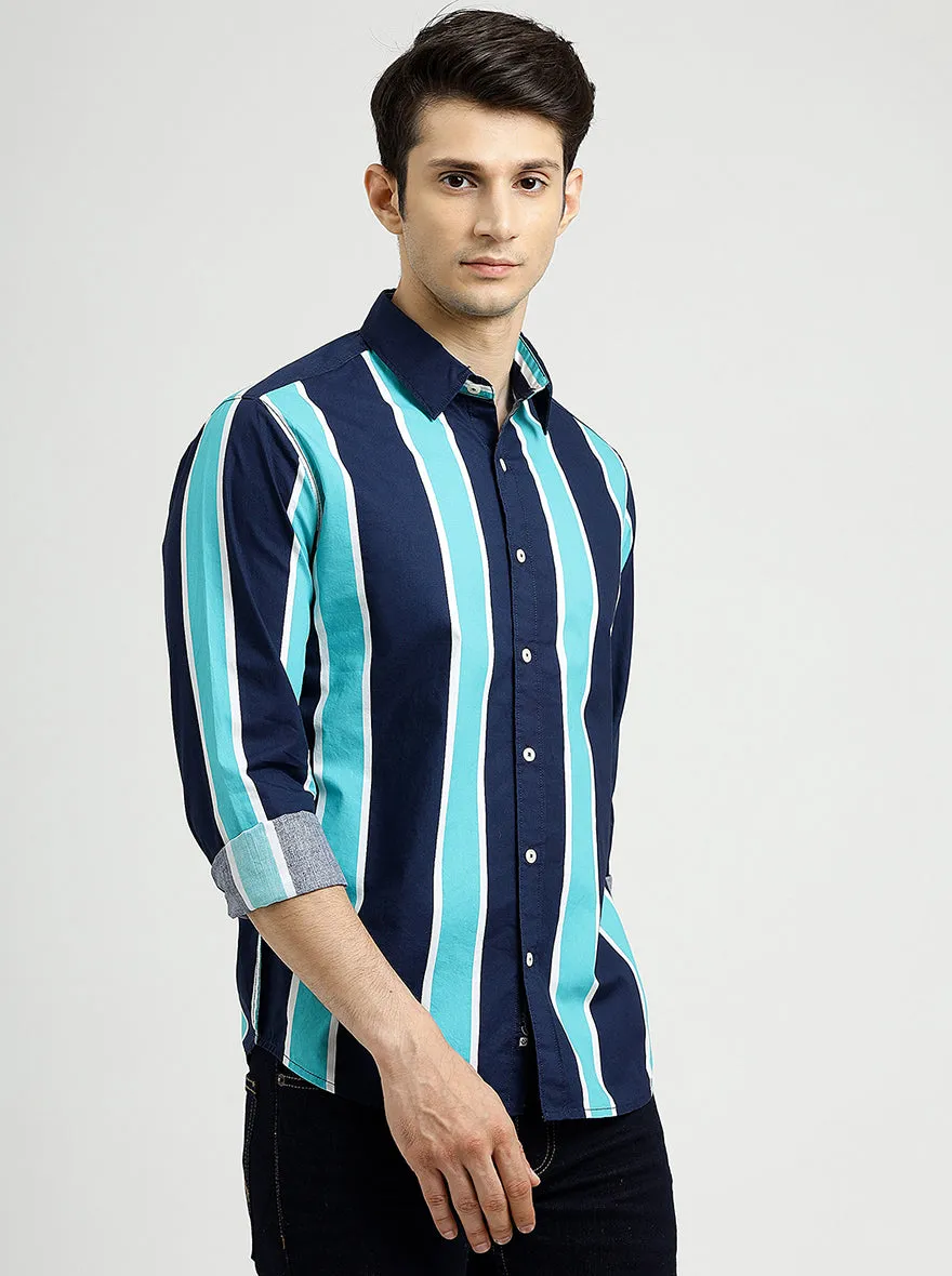 Blue Striped Slim Fit Casual Shirt | Greenfibre
