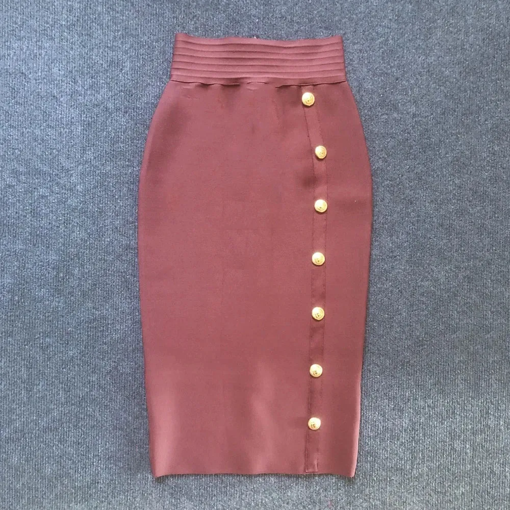 Button Bodycon Bandage High Waist Pencil Skirt