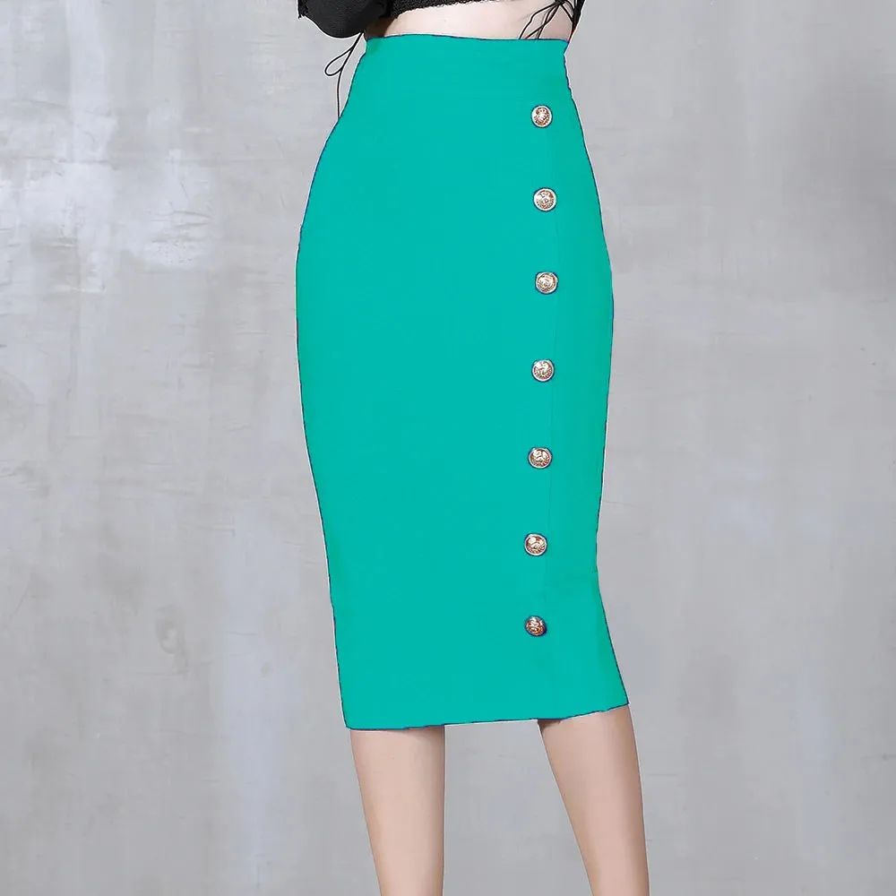 Button Bodycon Bandage High Waist Pencil Skirt