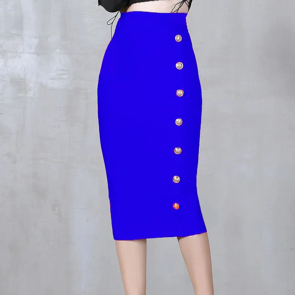 Button Bodycon Bandage High Waist Pencil Skirt
