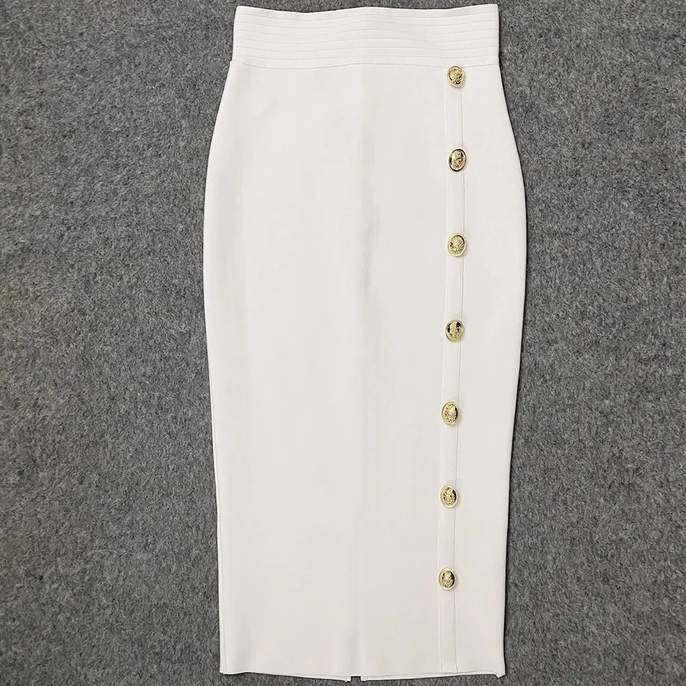 Button Bodycon Bandage High Waist Pencil Skirt