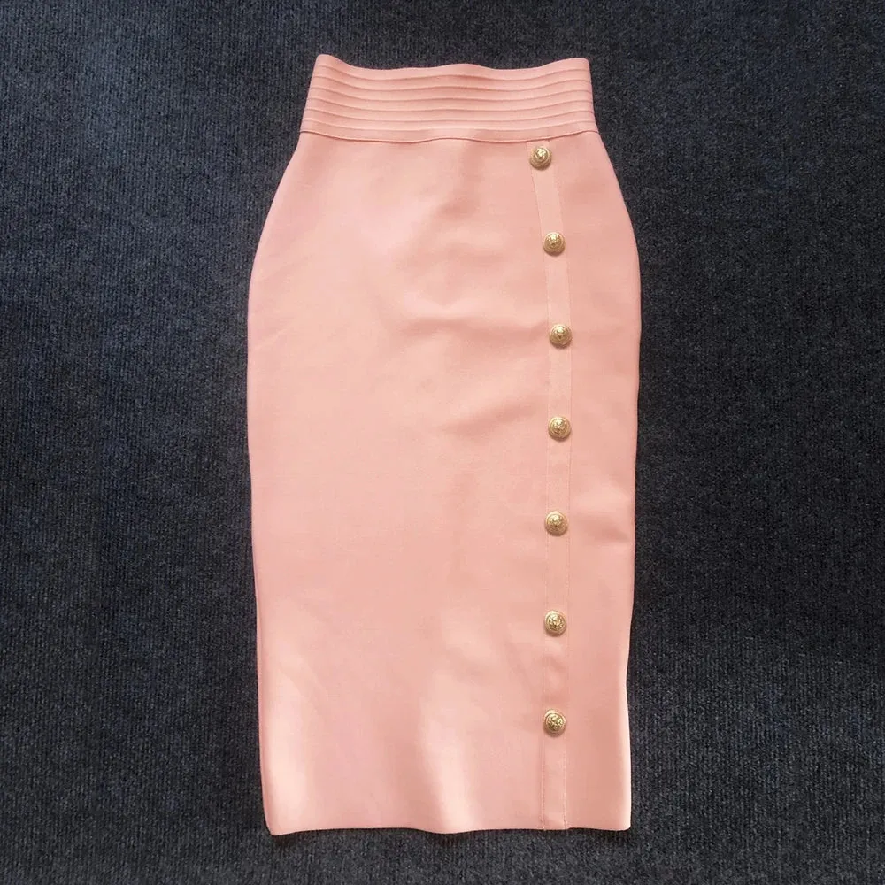 Button Bodycon Bandage High Waist Pencil Skirt