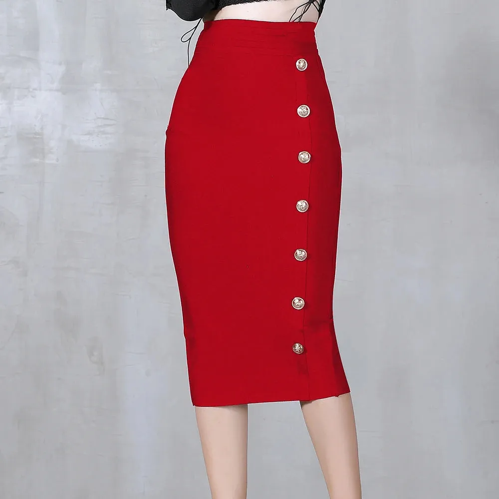 Button Bodycon Bandage High Waist Pencil Skirt