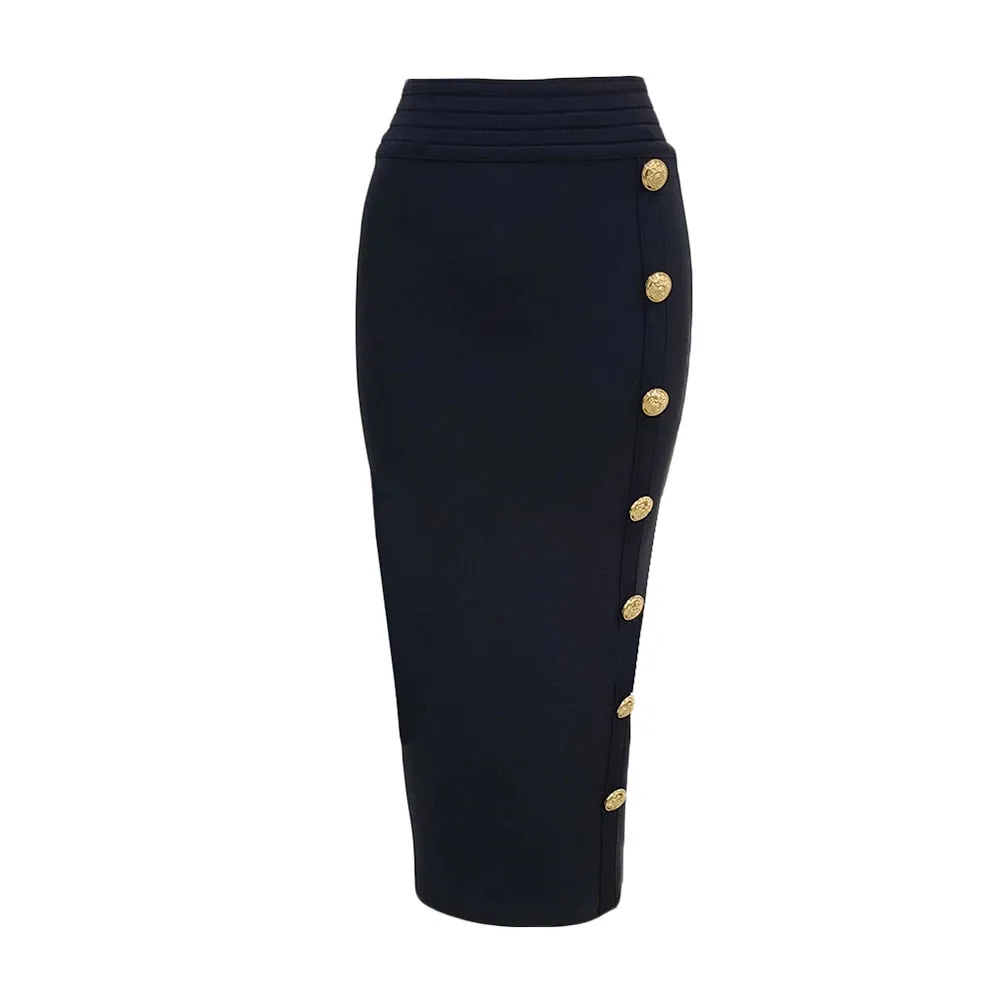 Button Bodycon Bandage High Waist Pencil Skirt