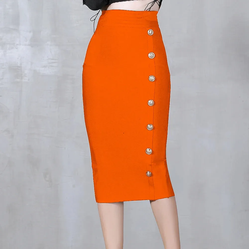 Button Bodycon Bandage High Waist Pencil Skirt