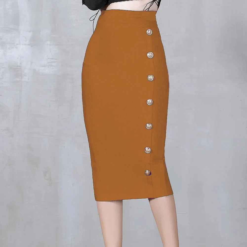 Button Bodycon Bandage High Waist Pencil Skirt