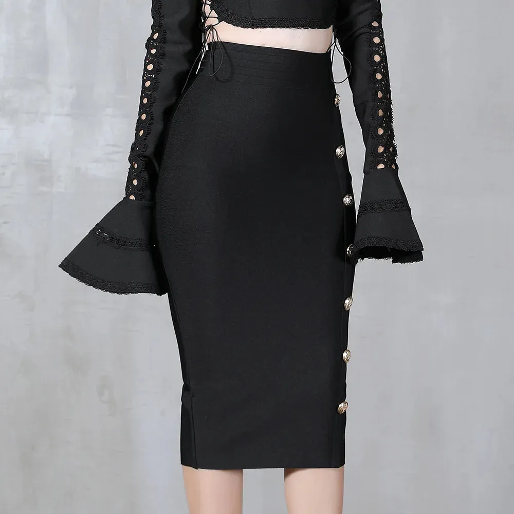 Button Bodycon Bandage High Waist Pencil Skirt