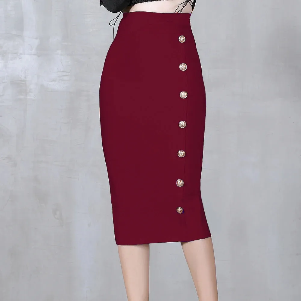 Button Bodycon Bandage High Waist Pencil Skirt
