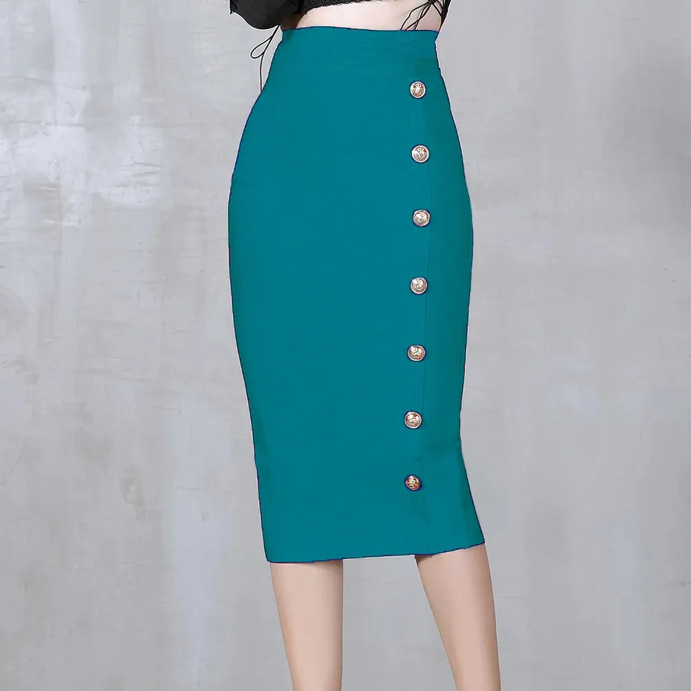 Button Bodycon Bandage High Waist Pencil Skirt