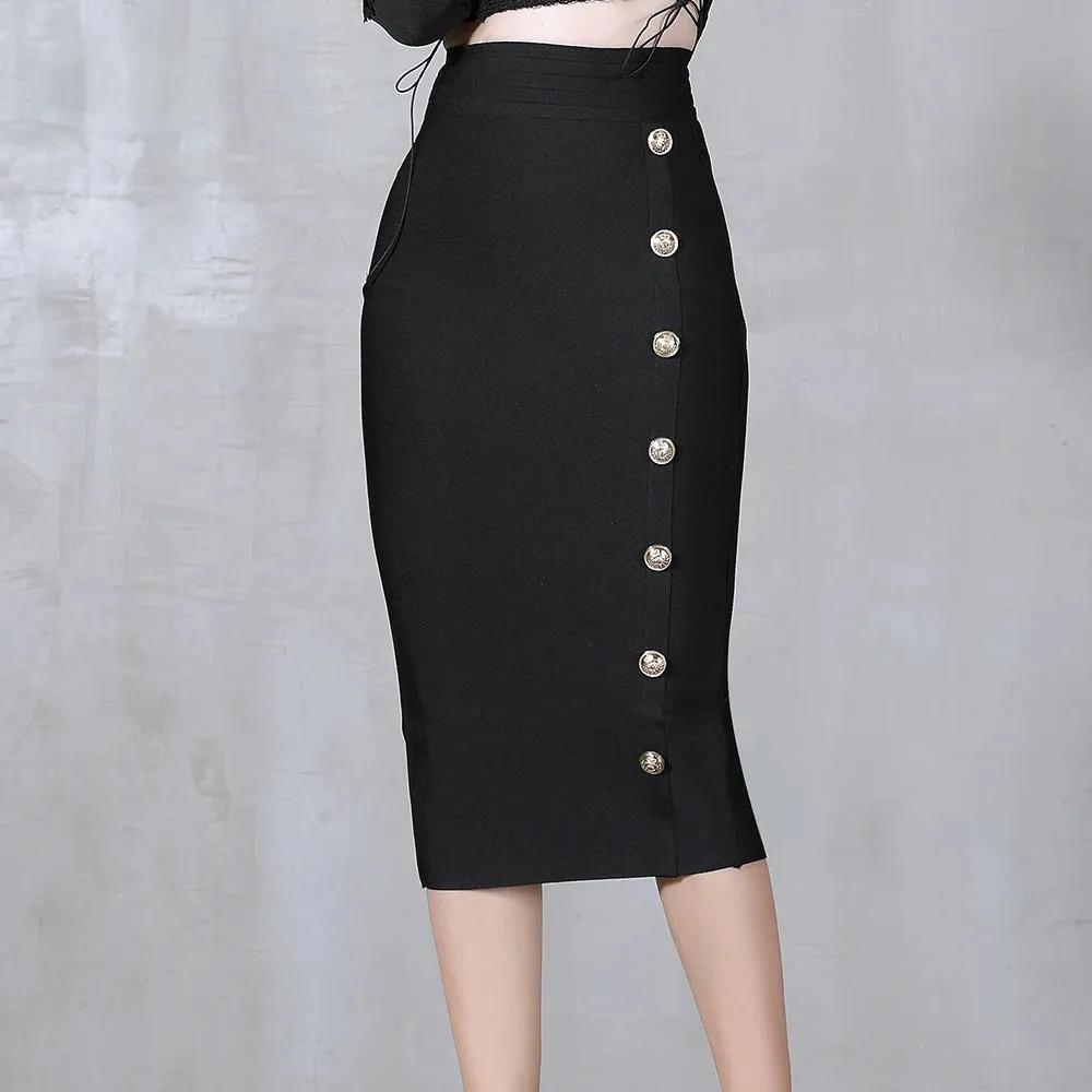 Button Bodycon Bandage High Waist Pencil Skirt