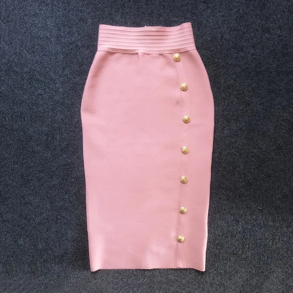 Button Bodycon Bandage High Waist Pencil Skirt