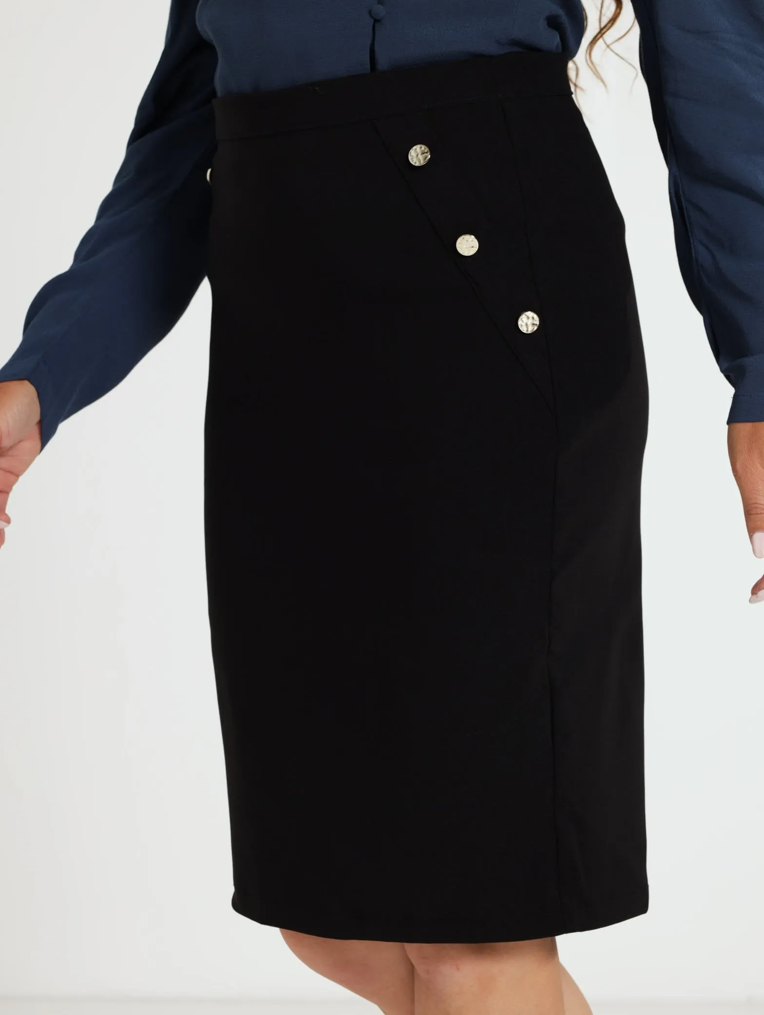 Button Detail Career Skirt - Black