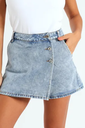 Button Detail Skort - Mid Blue