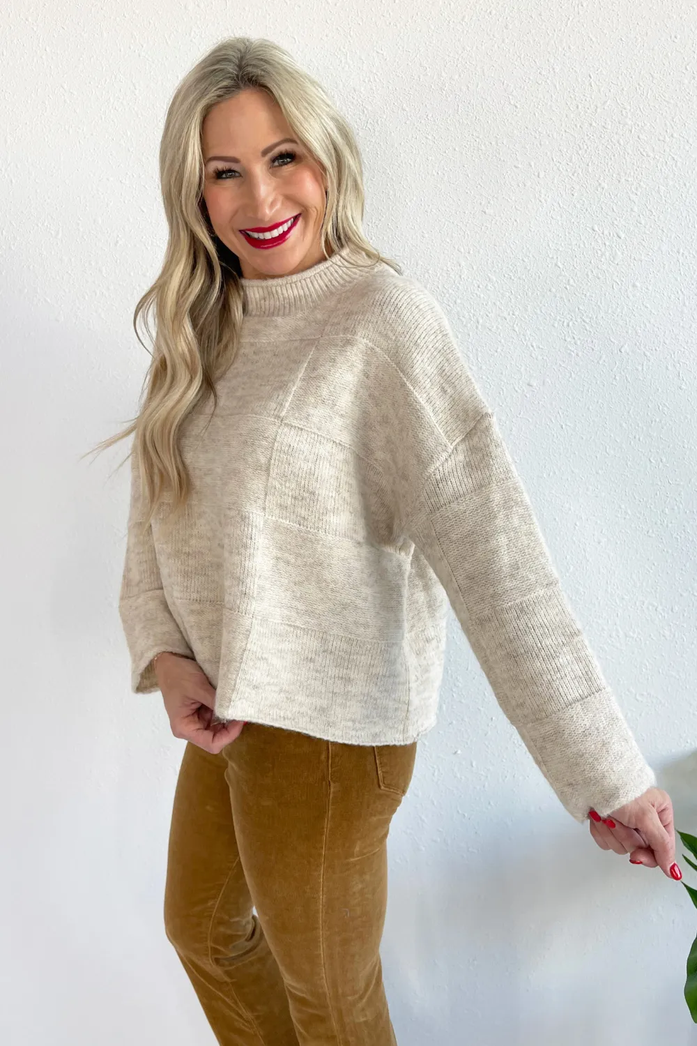 Checker Mock Neck Sweater Top